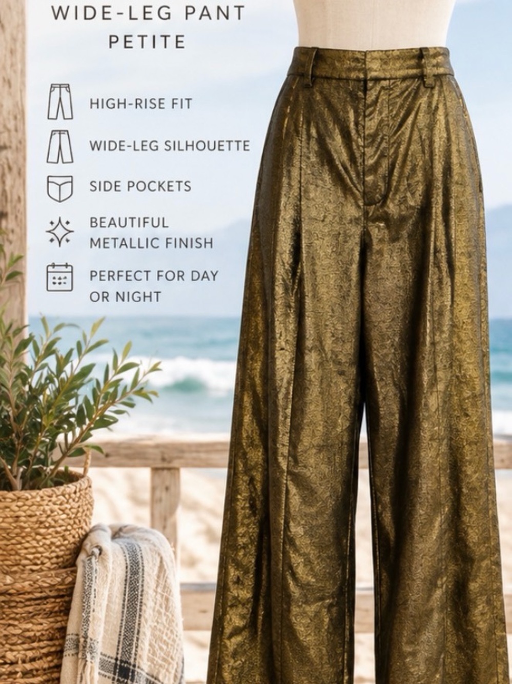 Banana Republic Metallic Olive-Gold Wide-Leg High-Rise Pants